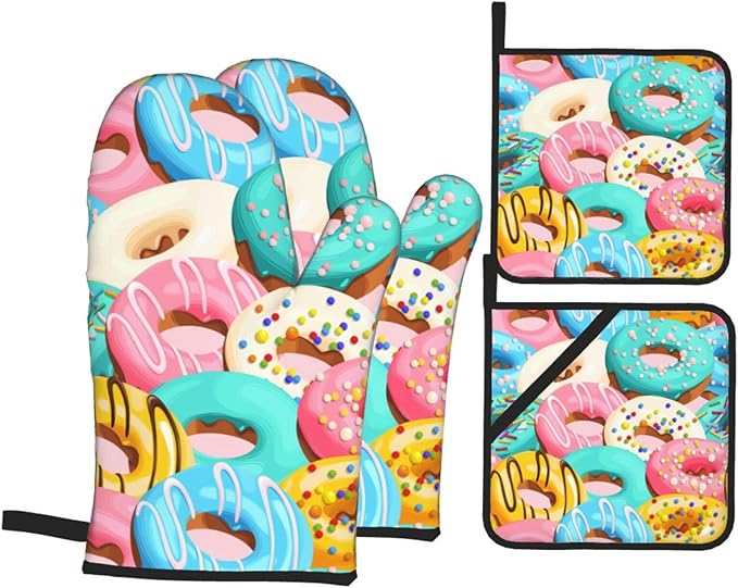 Cute Donut Doughnut Oven Mitts and Pot Holders Set of 4, Oven Mittens and Potholders Heat Resistant Gloves for Kitchen Cooking Baking Grilling BBQ