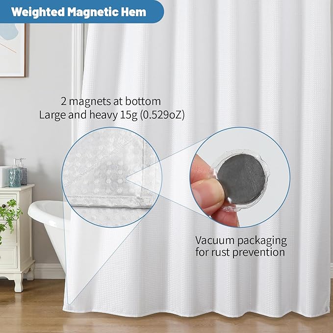 THAIGEE 2-in-1 Waterproof Fabric Shower Curtain - No Separate Liner Needed, Hotel-Style Waffle Weave, Effortless Cleaning & Washable Bathroom Shower Curtain Set,72Wx78H,White