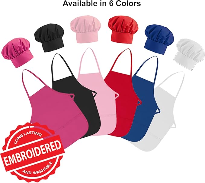 Made in the USA Personalized Embroidered Premium Child Apron and Chef Hat for Kids Girls Boys Fun in the Kitchen Gift (Add a Name Set, Long with hat)