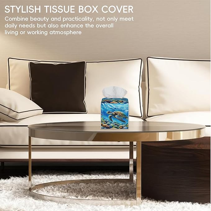 Tissue Box Cover Leather Tissue Box Holder Cube Tissue Case Cover Facial Paper Organizer Dispenser for Bathroom, Vanity Countertop, Office Desk (Watercolor Sea Turtle)
