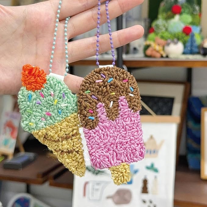 HAND U JOURNEY 3Pcs Embroidery Punch Needle Bachpack Charm Kit, Original Design with 2.2mm Punch Tool, Threads and Hoop. Random Color Chain (Icecream)