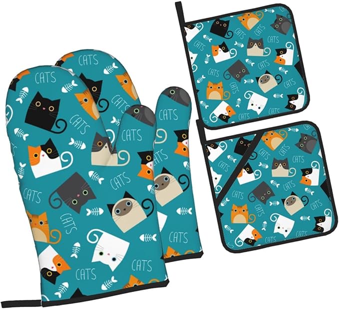 Funny Cute Cats Oven Mitts and Pot Holders 4 Pcs Set Oven Gloves and Potholders for Cooking Microwave BBQ Baking Grilling