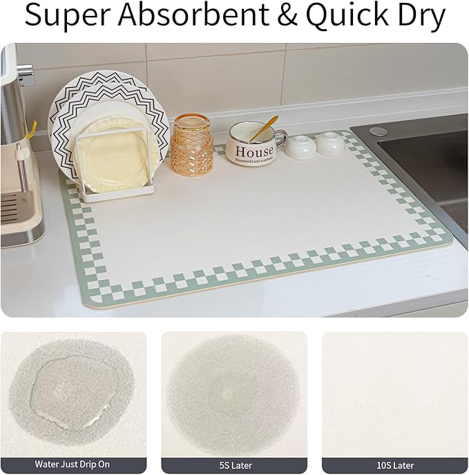 2PCS Non-slip Dish Drying Mats Black Sage Beige Checkered Coffee Bar Mat for Countertops 24''x16'',Sage White