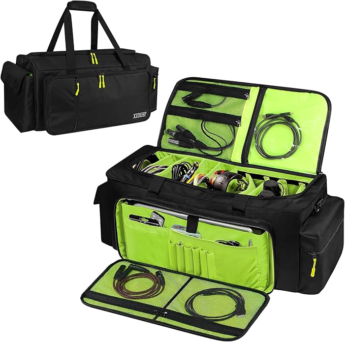 XIDIHF Large DJ Cable Gig Bag with Adjustable Dividers, Portable Travel Case for Cables, Power Cords, Audio Gear & Musician Accessories, Fits Professional DJ Equipment – 22.5" x 10.2" x 11.8"