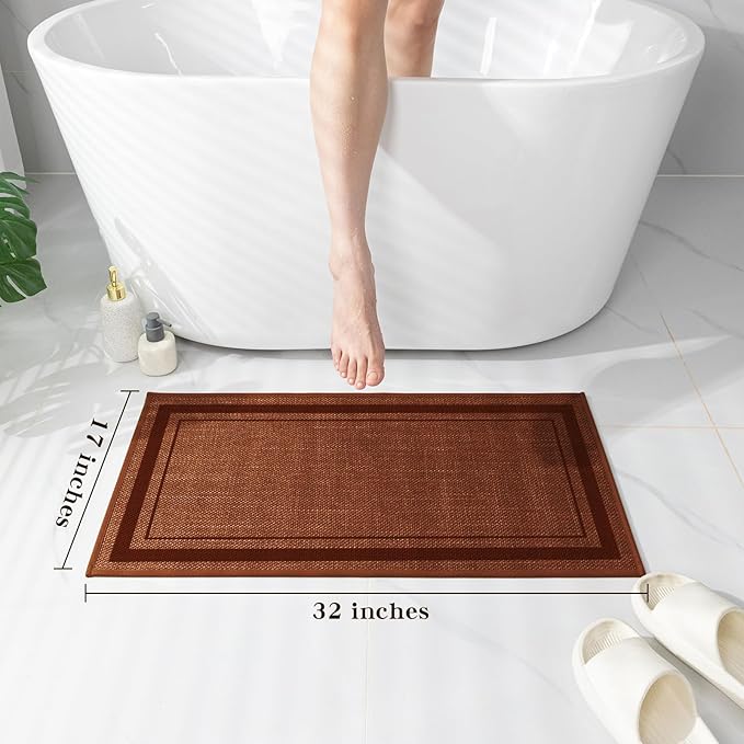 chakme Bathroom Rugs Mat 32x17, Ultra Thin Non Slip Bath Mat Quick Dry Absorbent Bath Mat for Bathroom Floor, (Rust, 32"x17")