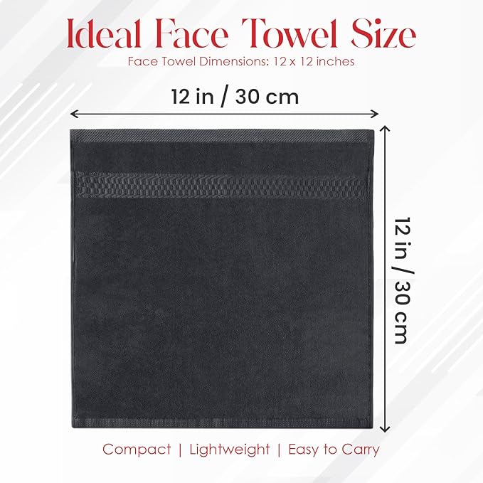 RIVERSIDE 12 Pack Premium 100% Cotton Face Wash Cloths, 12 x 12 Inches, Soft & Absorbent Face Towels for Bathroom Wash Clothes, 550 GSM, Luxury WashCloths for Showering, Body, Spa & Gym, Charcoal