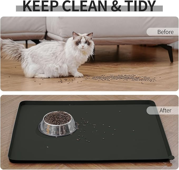 Reopet Waterproof Pet Feeding Mat with High Raised Edges, Heavier and Thicker Placemats for Cat Dog Water Bowl with BPA Free, Dogs Cats Food Mats for Messy Drinkers to Prevent Spill and Protect Floors