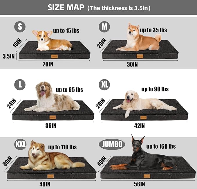Patas Lague Orthopedic XL Dog Bed Large Sized Dog 48''X30'', Soft Waterproof Egg Crate Foam Large Pet Crate Beds Mat with Removable Washable Cover and Non-Slip Bottom, Black