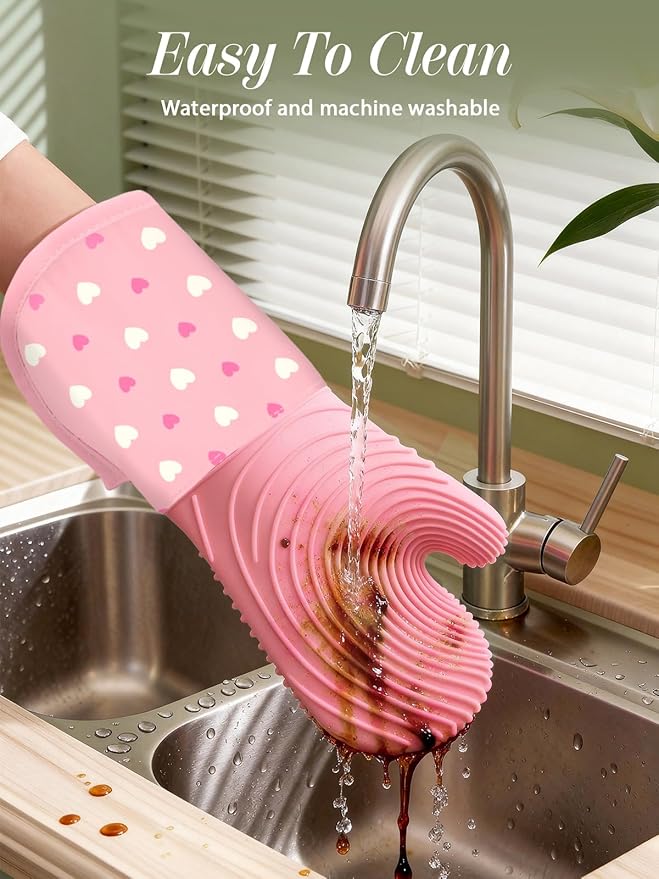 Slohif Long Silicone Oven Mitts Heat Resistant for Women - 2 Pcs Heart 100% Cotton Oven Gloves, Non-Slip and Waterproof Silicone Oven Mitts with Hanger for Baking and Cooking