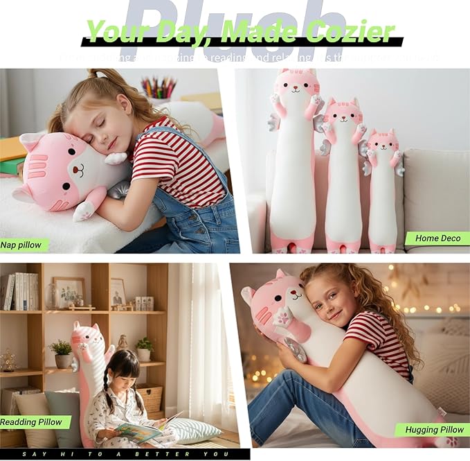 Long Cat Plush Pillow, Cute Cat Stuffed Animal Body Pillow with Wings, Soft Kawaii Kitty Hugging Pillow, Christmas Valentine's Birthday Gift for Kids Girls Boys (Pink, 60cm/23.62in)
