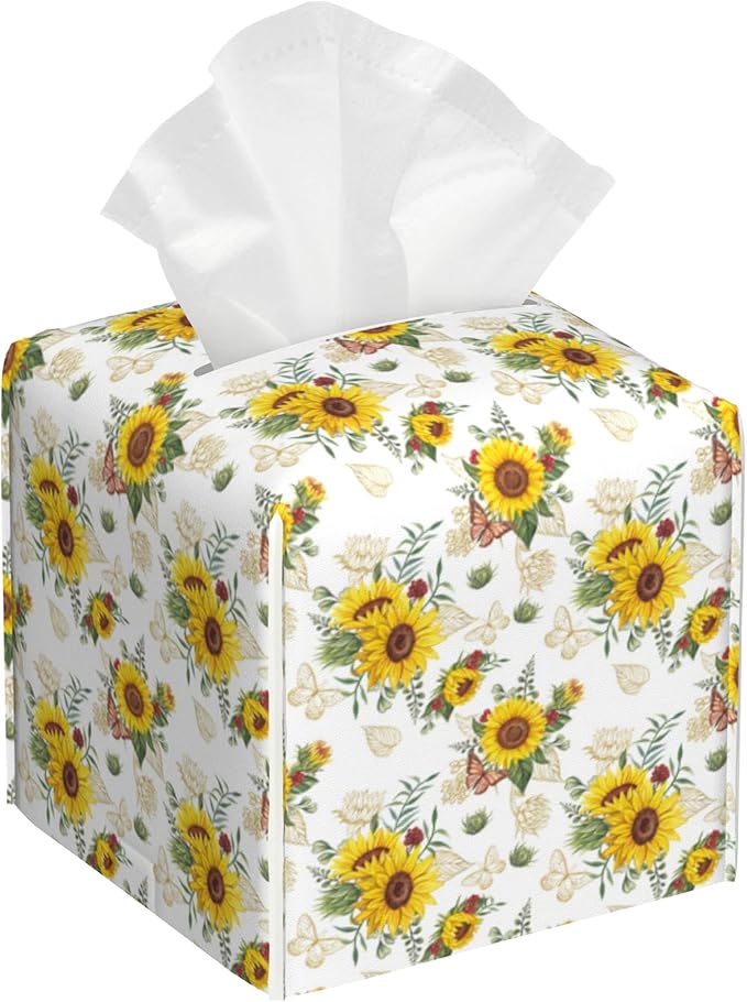 Sunflower Bouquets and Butterflies Tissue Box Cover Square Leather Tissue Holder Waterproof Facial Paper Organizer Dispenser Cube Paper Cover Case for Home Office Bathroom Vanity Countertop