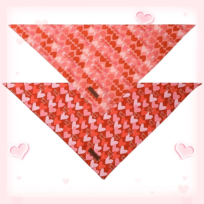 Unique Style Paws Dog Valentine's Day Bandanas 2Pcs Washable Cotton Triangle Painting Love Heart Dog Scarfs for Small Medium Large Dogs and Cats