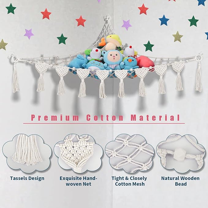 iHansee Stuffed Animals Net w/LED Star Light, 56 Inch Jumbo Toy Hammock Hanging Storage Organizer Holder Nursery Décor for Teddy Plushie, Cream Stuffed Animals Hammock Corner for Kid Girls Boys Gift