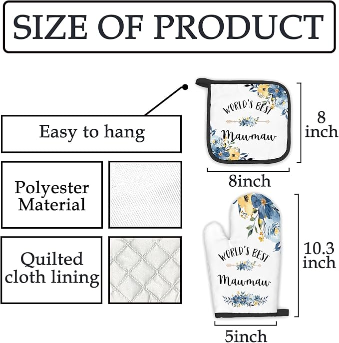 Mawmaw Gifts Oven Mitts and Pot Holders Sets, Gifts for Mawmaw from Grandkids Kitchen Decor Accessories Sets, World’s Best Mawmaw Heat Resistant Oven Glove Potholders for Kitchen Cooking