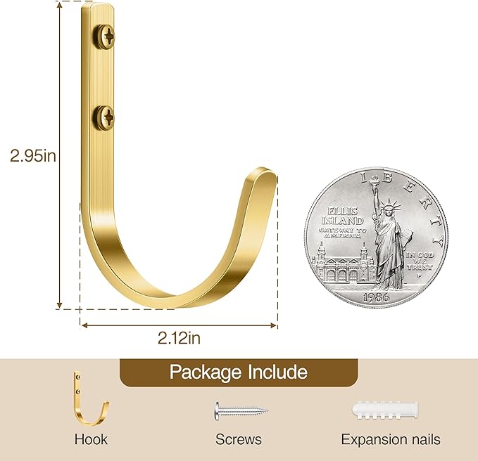 Josmimic Wall Hooks for Hanging Towel/Coat - 22LB Screw in Metal Hanger Wall Mount, for Outdoor, Closet, Door, Bathrooms, for Backpack, Robe, Brushed Gold 5 Pack