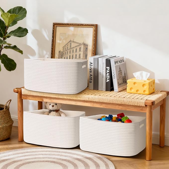 4 Pack Large Storage Basket for Organizing, 17.5"x13.5"x7.5" Woven Basket for Shelves, Closet Cube Storage Bins with Wrapped Handle, Cotton Rope Baskets for Kitchen, Clothes, Toys(Off White)