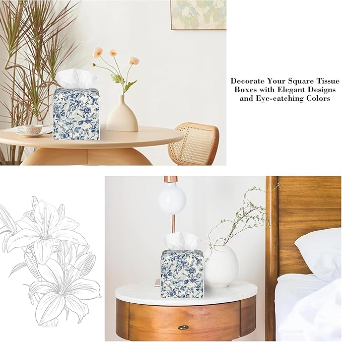 Vintage Blue Floral Flowers Tissue Box Cover Square Leather Tissue Holder Waterproof Facial Paper Organizer Dispenser Cube Paper Cover Case for Home Office Bathroom Vanity Countertop