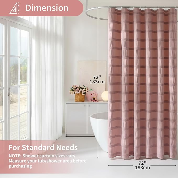 Lameirose Pink Shower Curtain Waffle Shower Curtain Striped Cotton Blend Textured Fabric Shower Curtains for Bathroom 72 x 72, Blush Pink