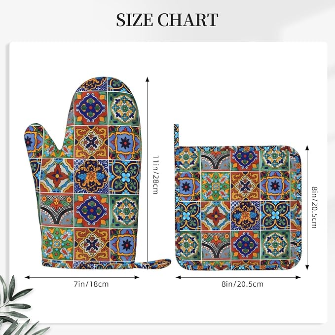 Silicone Oven Mitts and Pot Holders Sets, Home Talavera Mexican Tiles Heat Resistant BBQ Gloves for Kitchen Baking Cooking Grilling Microwave