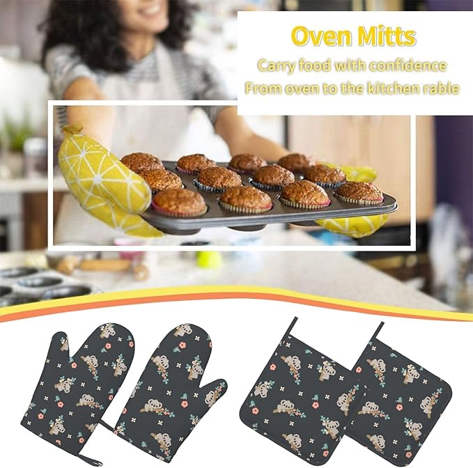 Cute Koala Oven Mitts and Pot Holders Set of 4 Silicone Heat Resistant Oven Mitten Potholders Non Slip Gloves Kitchen Decor for BBQ Cooking Grilling Baking