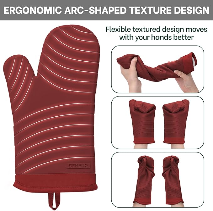 Beneno Heat Resistant Silicone Oven Mitts BPA-Free, Non-Slip Textured Grip & Quilted Cotton Lining, Waterproof Kitchen Mitt 2-Pack Set, 7"x13", Red