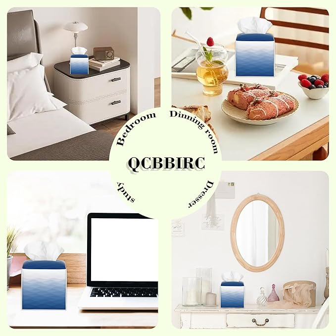 Blue Grey Ombre Striped Tissue Box Cover Square Leather Tissue Holder Waterproof Facial Paper Organizer Dispenser Cube Paper Cover Case for Home Office Bathroom Vanity Countertop