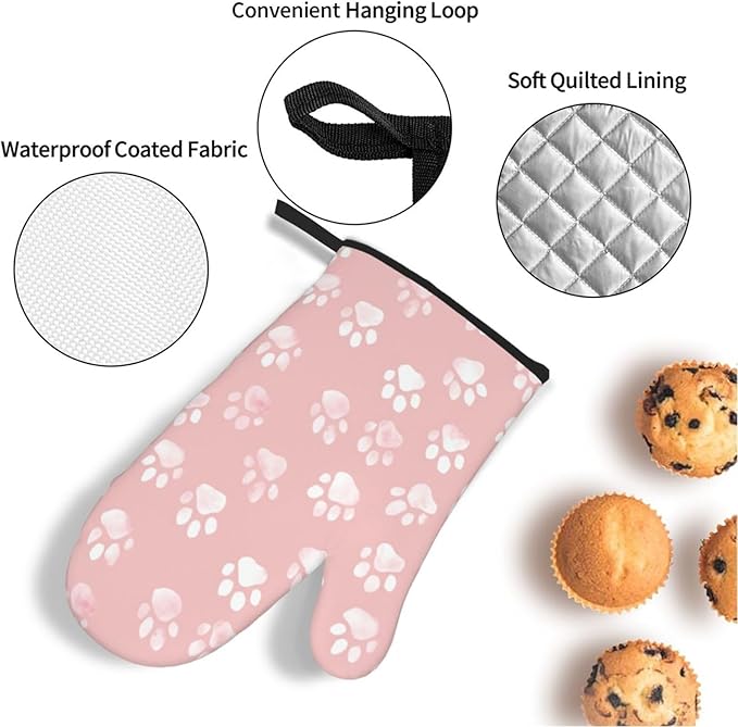 Oven Mitts and Pot Holders Sets of 4 Pastel Pink Dog Paw Pattern Kitchen Potholder Gloves Heat Resistant Non-Slip for Chef Baking Cooking Grilling BBQ Mittens