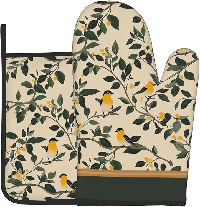 Bird Branch Oven Mitt and Pot Holder Sets 2Pcs Dark Green Yellow Vintage Heat Resistant Washable BBQ Cooking Gloves Hot Pans Mat for Kitchen Baking Grilling Decorative