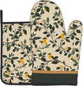 Bird Branch Oven Mitt and Pot Holder Sets 2Pcs Dark Green Yellow Vintage Heat Resistant Washable BBQ Cooking Gloves Hot Pans Mat for Kitchen Baking Grilling Decorative