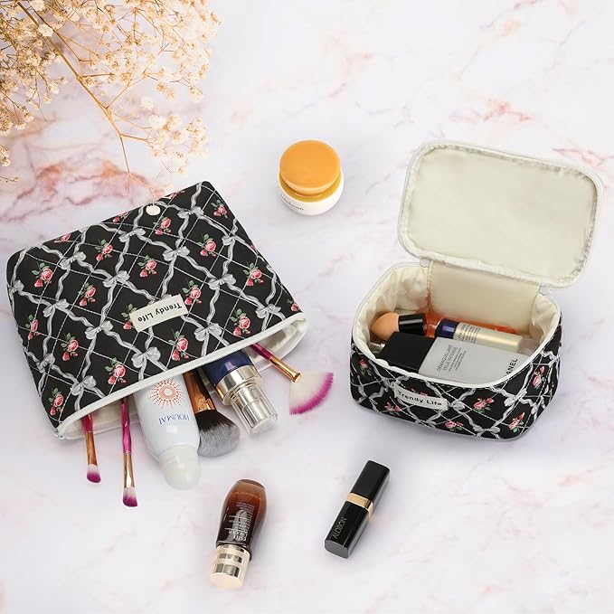 HAOGUAGUA 2 Pieces Makeup Bag, Small Large Quilted Cosmetic Bag, Travel Floral Make Up Toiletry Organizer Bag for Women Girls (2PCS STYLE B-5)