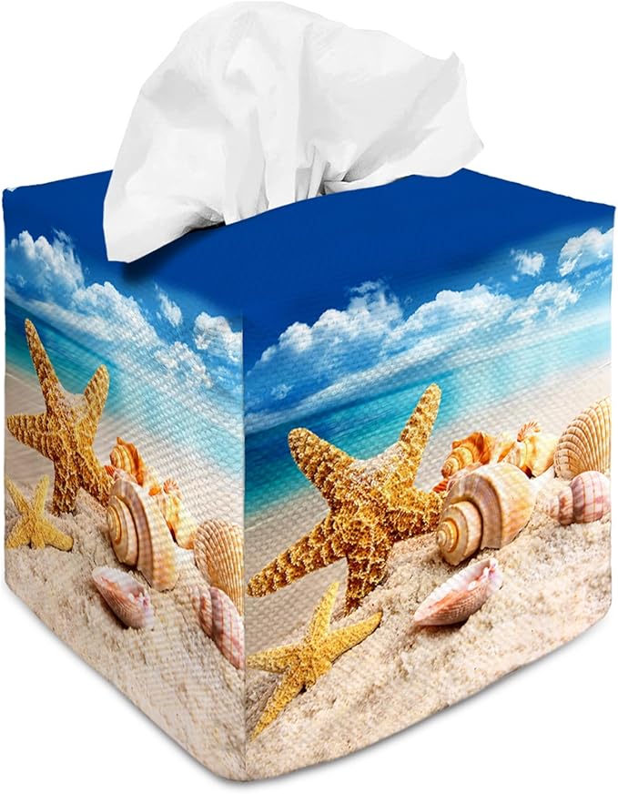 Tissue Box Cover Square Decorative Tissue Box Holder Cute Funny Cube Tissue Case Cover-Starfish Seashell Tissue Box Cover
