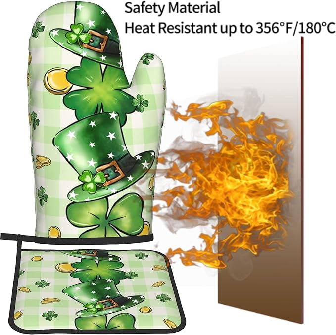 St Patricks Day Shamrock Hat Oven Mitts and Pot Holders Set of 2 Clover Gold Coin Heat Resistant Potholders Oven Hot Pads Buffalo Plaid Oven Gloves Accessories for Kitchen Chef Cooking BBQ