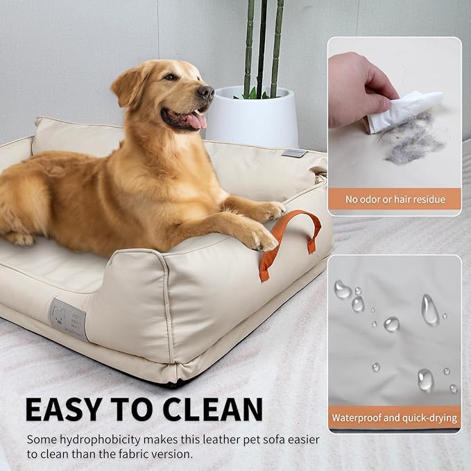 Removable Orthopedic Dog Beds for Large Dogs, Leather Memory Foam Dog Sofa Bed, Waterproof Durable Dogs Bed Couch with Non Skid Bottom for All Pet Sizes (Beige, X-Large)