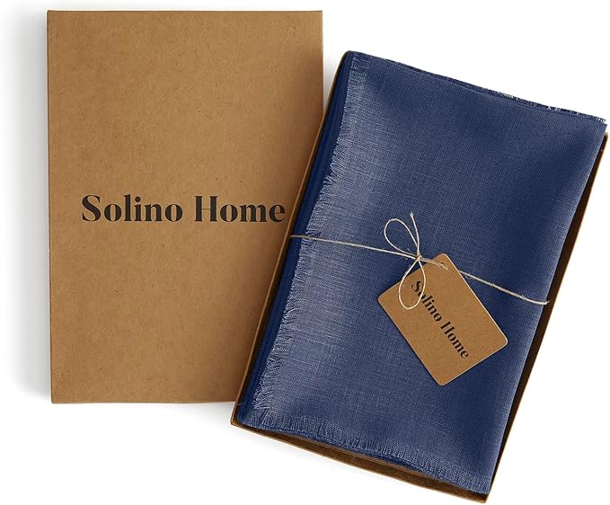 Solino Home Fringe Linen Cloth Napkins Set of 4-100% Pure Linen Vintage Blue Dinner Napkins 20 x 20 Inch for Winter, Spring, Easter - Handcrafted and Machine Washable