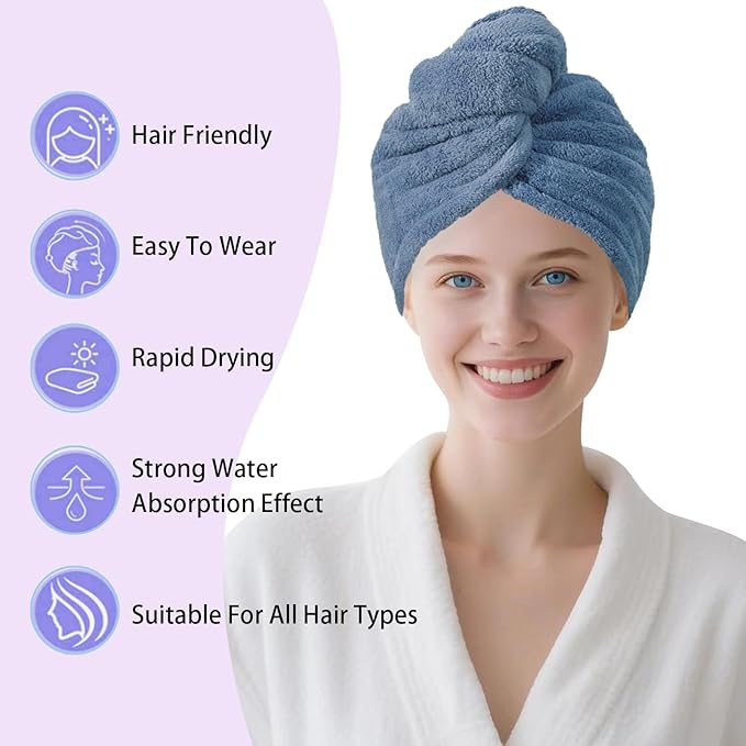 AGKXHDEC 1 Pack Double Layer Microfiber Towel, Hair Turbans for Wet Hair, Drying Hair Wrap for Women(Dark Blue)