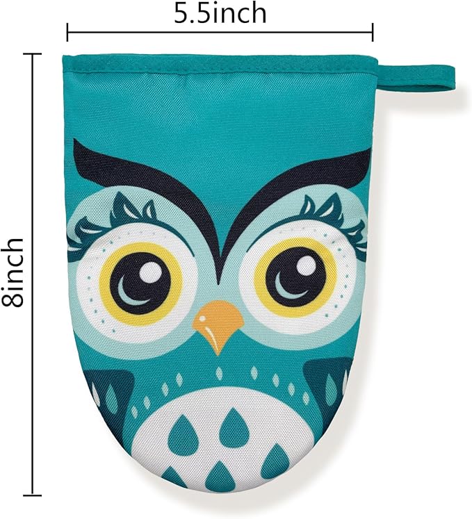 Owl Cute Green Teal Mini Silicone Oven Mitts, Heat Slip Resistant Kitchen Gloves 2-Pack Set, Soft Short Small Oven Mittens Pot Holders for Baking Grilling Barbecue Microwave Gift