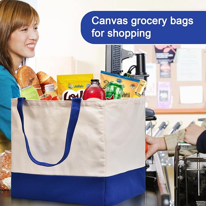 CNaiyunpin 3 Pack Canvas Reusable Grocery Bags Heavy Duty, 8.3 gal Foldable Large Tote Bag with Handles, Holds 60 lbs Canvas Shopping Bags & Washable Eco-friendly Bags with 5 Pockets, Blue+Off White