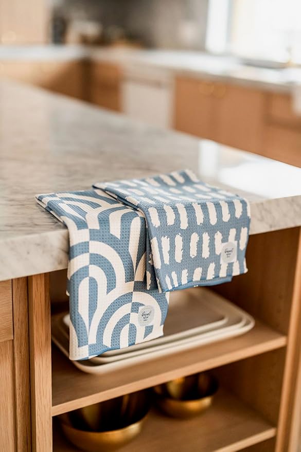Desert Aqua 2 Pack Double Sided || Not Your Ordinary Kitchen Towels || Dish Towels || Quick Dry || Waffle Weave Microfiber|| Highly Absorbent || Hanging Hook (Blue Geometric)