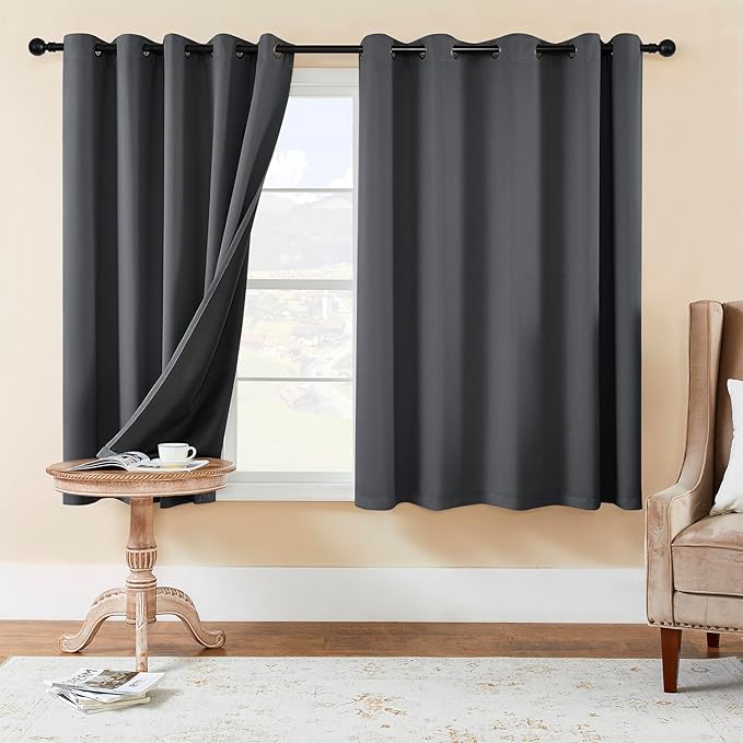 Rutterllow 2 Panels Full Light Blocking Curtains & Drapes for Bedroom - Antique Copper Bronze Grommet Window Treatment Blackout Curtain for Living Room (Dark Grey, 70 inch Width x 63 inch Length)