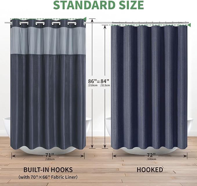 eachope Extra Long No Hook Shower Curtain with Snap-in Fabric Liner Set,Navy Waffle Weave Shower Curtains for Bathroom,Hotel Luxury Decor Bathroom Curtain Set,Waterproof & Washable,71Wx86H