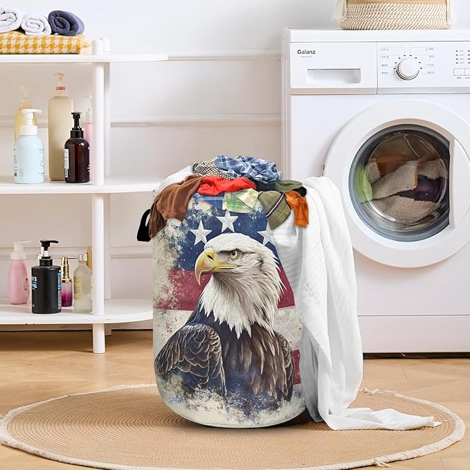 American Flag Eagle Laundry Basket with Sturdy Handles, Memorial Day Patriotic Collapsible Oxford Cloth Laundry Hamper Organizer Basket for Bathroom Bedroom 15.7x20 Inch