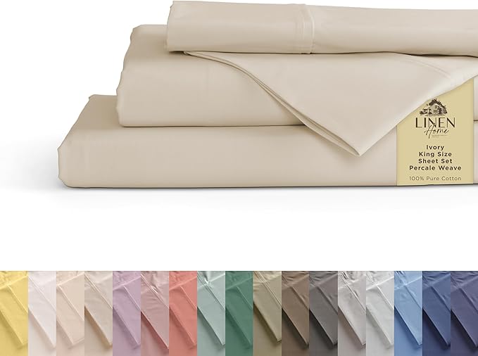 Linen Home 100% Cotton Percale Sheets King Size, Ivory, Deep Pocket, 4 Pieces Set - 1 Flat, 1 Deep Pocket Fitted Sheet and 2 Pillowcases, Crisp Cool and Strong Bed Linen