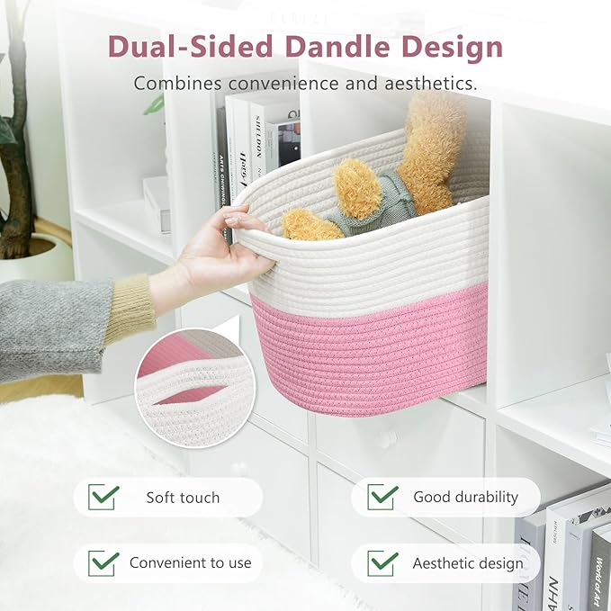 ECDYQXVU Cotton Rope Shelf Storage Basket, 15x10x9 in, Shelf Storage Baskets for Clothes, Towels, Books, Laundry (White/Pink, 1 Pack)