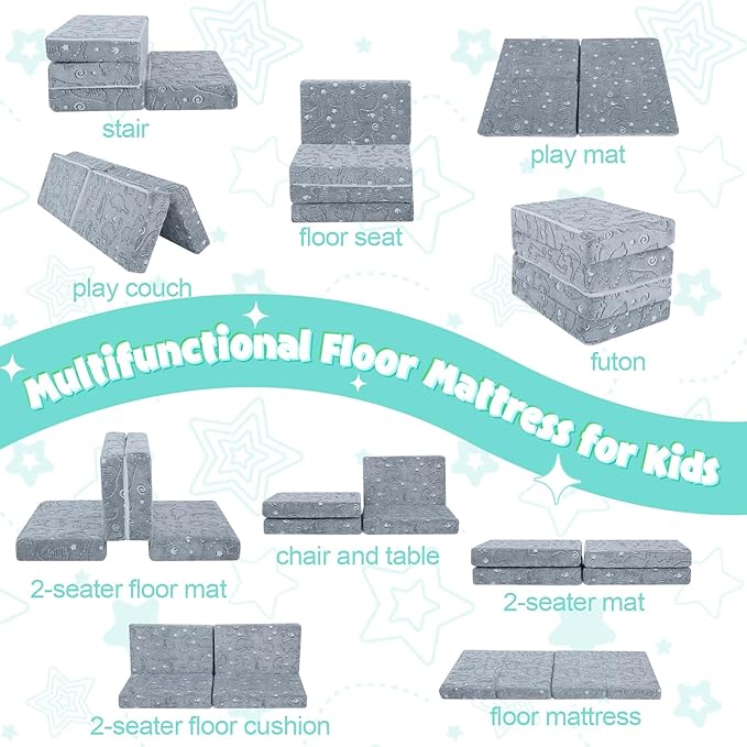 MeMoreCool Foldable Floor Mattress for Kids, Glow Dinosaur Trifold Mat, Kids Folding Mattress Portable Futon, Grey