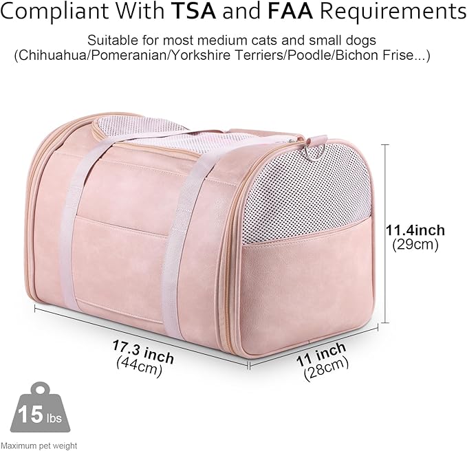 Lasaviin Fashion Leather Dog Carrier Cat Carrier Airline Approved Pet Carrier for Small Medium Dogs Cats Under 15Lbs, Collapsible Soft Sided Travel Puppy Carrier Pink