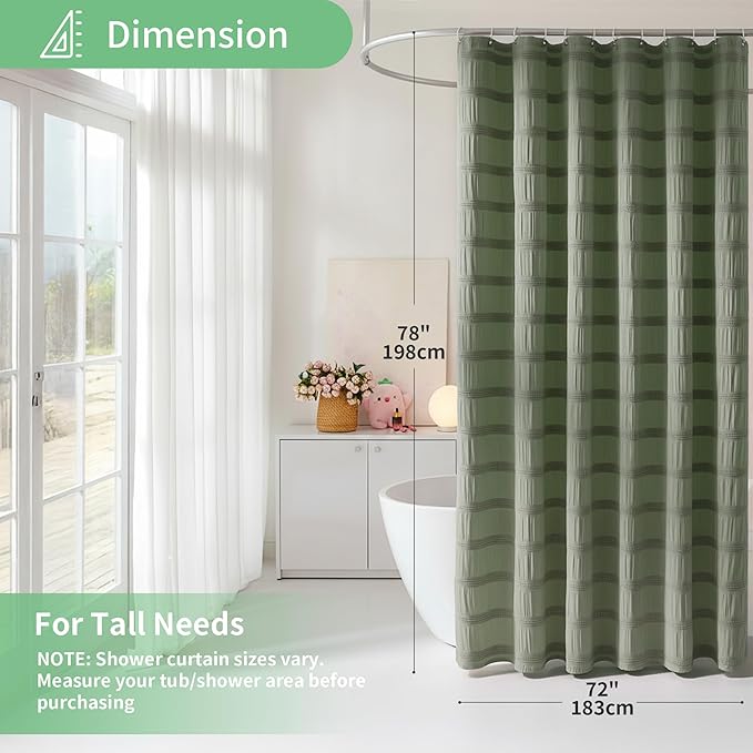 Lameirose Extra Long Sage Green Shower Curtain Farmhouse,72 x 78 Cotton Blend Waffle Tufted Striped Chic Textured Fabric Shower Curtain for Bathroom, Hotel