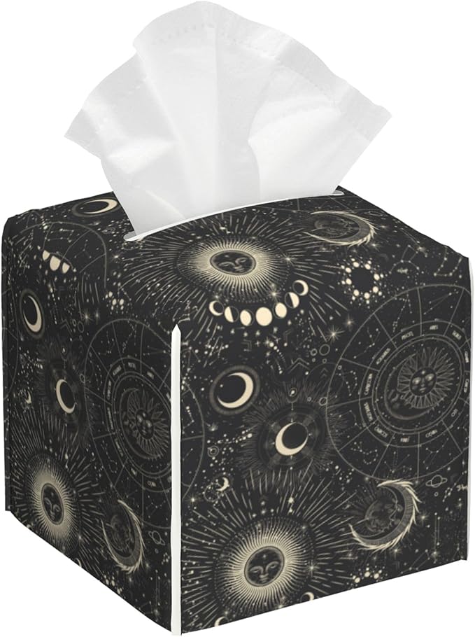 Zodiac Signs Leather Tissue Box Holder Moon Phases Tissue Box Cover Facial Paper Case Organizer Cube Napkin Dispenser for Bathroom Vanity Countertop Night Stand Office Car