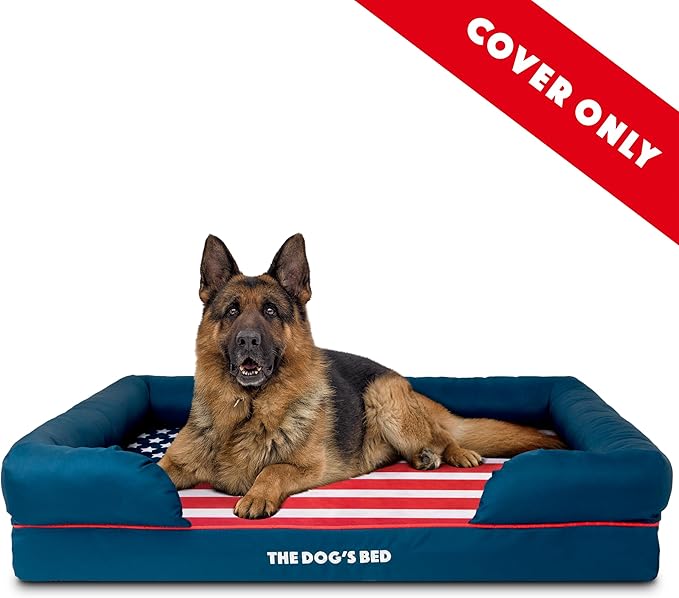 The Dog's Bed Replacement Outer Cover ONLY (Outer Cover ONLY) for The Dog's Bed, Washable Oxford Fabric, Extra Large (Blue with Red Piping USA Flag Embroidery & Centre Flag) Veterinary Approved