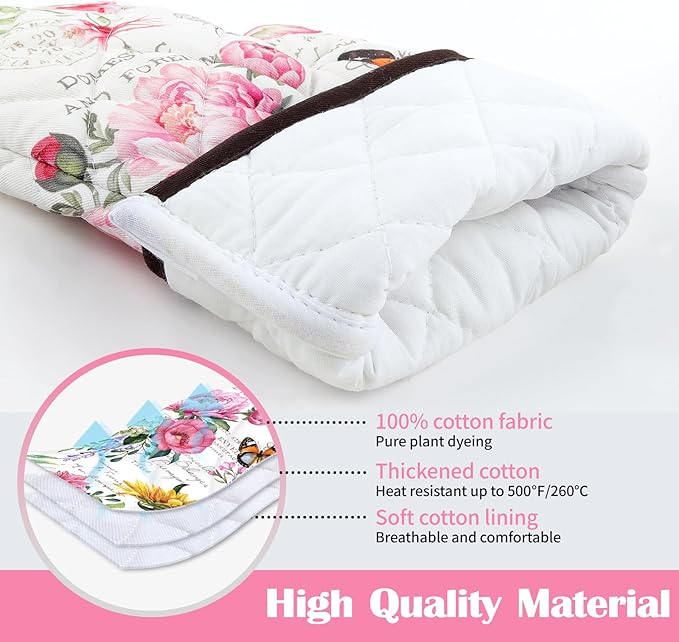 Vintage Flower Oven Mitts and Pot Holders Sets 2Pcs, 100% Cotton Heat Resistant, Extra Long Oven Gloves Potholder for Kitchen Cooking Baking Decoration
