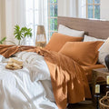 MooMee Bedding Sheet Set 100% Washed Cotton Linen Like Textured Breathable Durable Soft Comfy (Solid Burnt Orange, Twin XL)